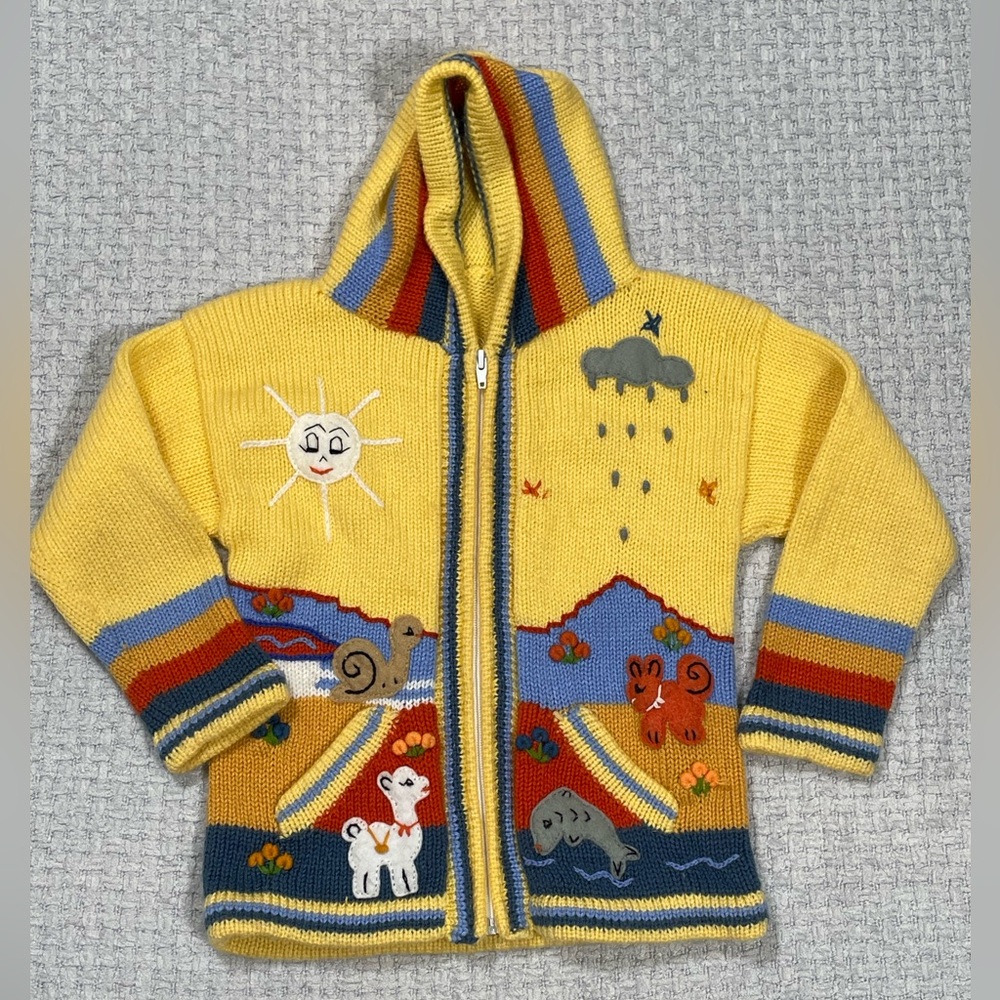 Kids Peruvian Alpaca Cotton Knit Handmade Zip Hood Cardigan Sweater Size Small
